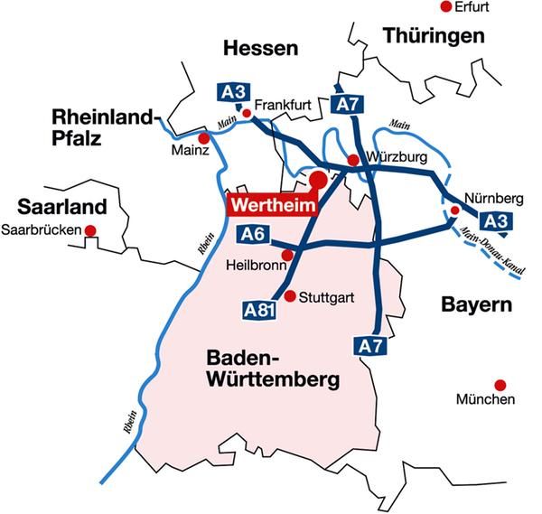 Übersichtskarte Wertheims in BAden-Württemberg / Verkehrsanbindung 