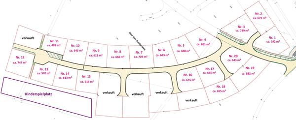 Lageplan der Bauplätze Baugebiet Reicholzheim nummeriert und mit Grundstücksgrößen
