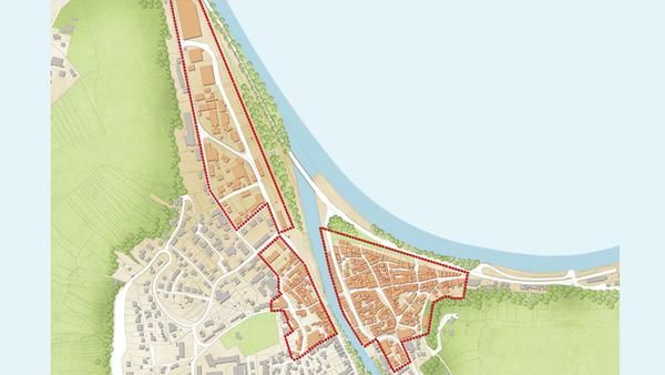 Karte der dreiteiligen Innenstadt von Wertheim mit Altstadt rechts und links der Tauber sowie Bahngelände