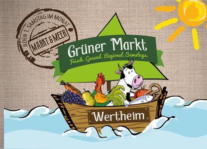Illustriertes Logo des Grünen Marktes. Kuh und Hahn sitzen mit Obst und Gemüse in einem Boot.