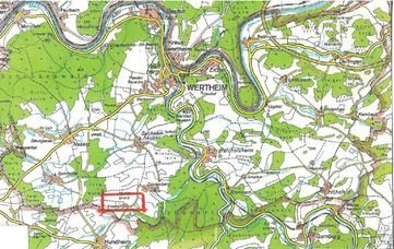 Karte der Gemarkung Wertheim mit roter Markierung des Ernsthofs