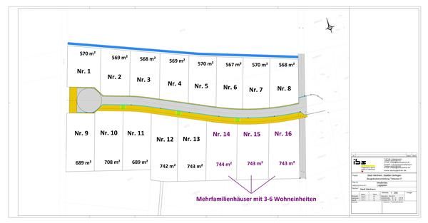 Lageplan der Bauplätze Baugebiet Dertingen, nummeriert und mit Grundstückgrößen