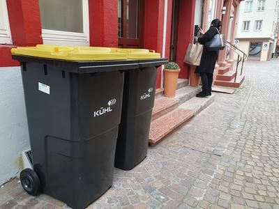 Zwei Gelbe Tonnen vor einem Hauseingang