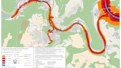 Die Abbildung zeigt eine Lärmkartierungskarte, die die Lärmwerte der verkehrsreichsten Straßen in Wertheim darstellt